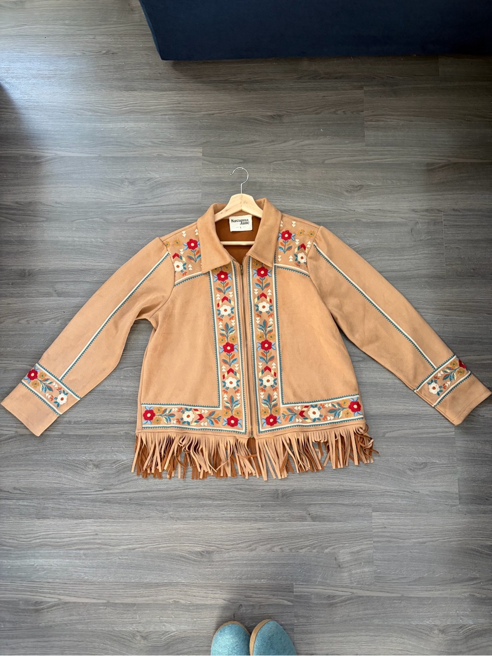 Savanna Jane Vintage Inspired Faux Suede Fringe Jacket with Floral Embroidery